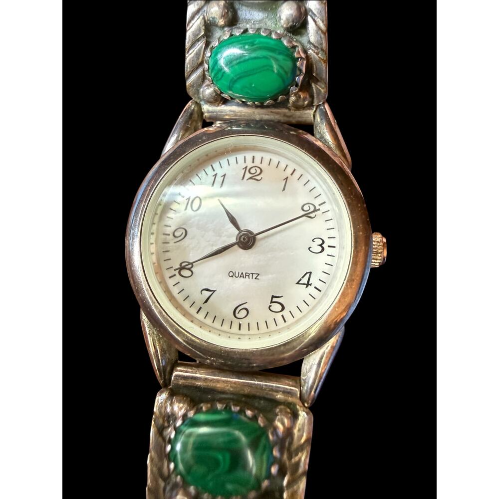 Vintage Benny Ramone Navajo Sterling Silver Malachite Watch Tips Southwest Cuff - Picture 4 of 7